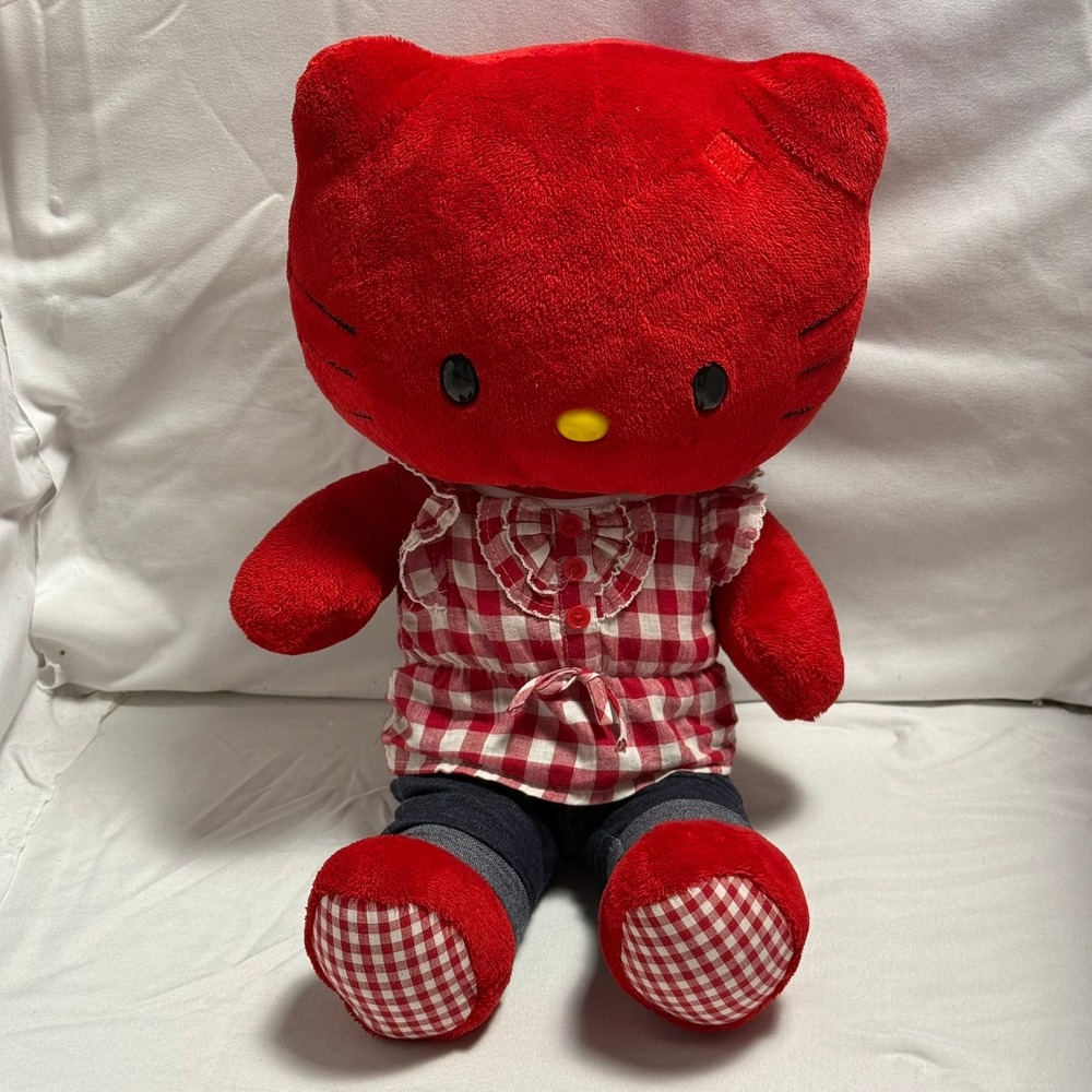 Limited Editio Build A Bear Hello Kitty Plush Sanrio Gingham Top Denim Jeans 18"